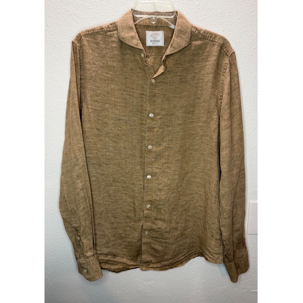 Murano Baird McNutt Linen Shirt Mens Large Brown Slim Fit Long Sleeve Preppy